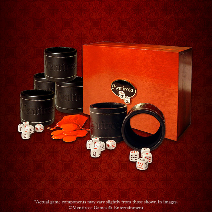 Premium Mentirosa® Professional Set with leather Player Tubes, poker-style dice, and handcrafted storage box for strategic bluffing and dice gameplay.