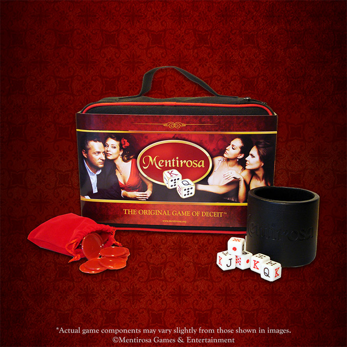 Compact Mentirosa® Travel Set with durable Player Tubes, poker-style dice, and a heavy-duty travel case for portable bluffing and dice gameplay.