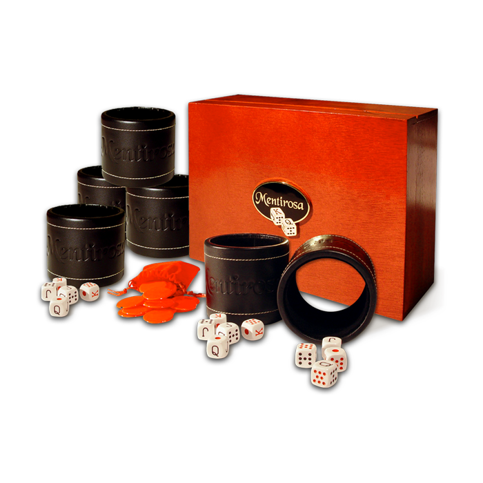 Premium Mentirosa® Professional Set with leather Player Tubes, poker-style dice, and handcrafted storage box for strategic bluffing and dice gameplay.